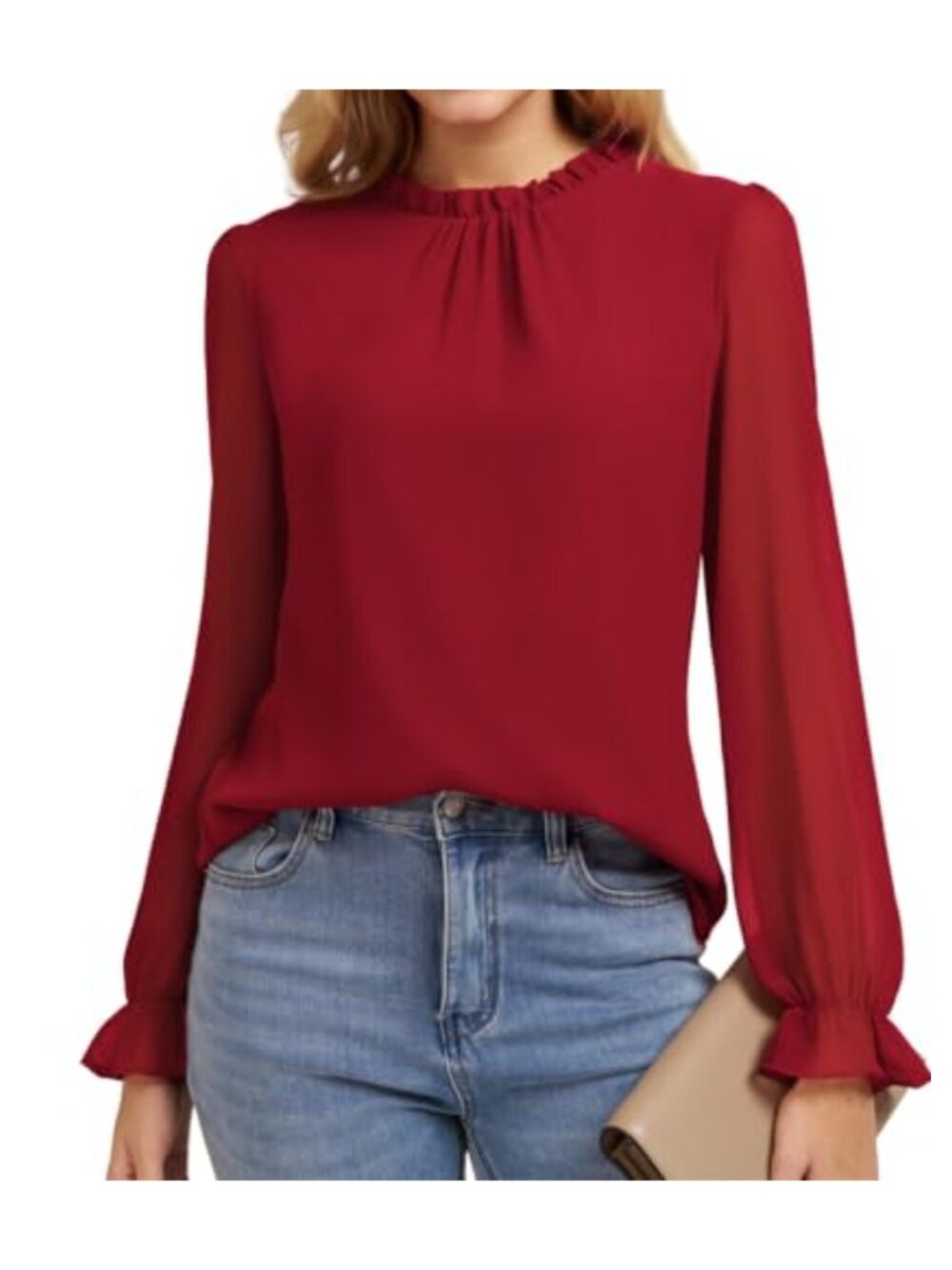 Women's Chiffon Blouse Ruffle Mock Neck Long Sleeve Dressy Casual Top